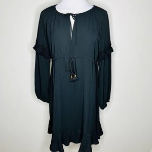 Sisley Dress MEDIUM Black Peasant Balloon Sleeve Knee Length Fringe Popover